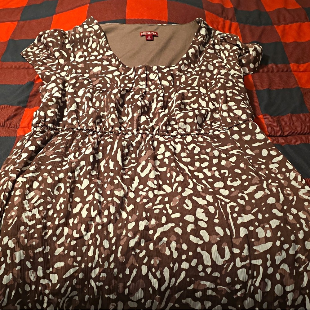 Merona Women's XL Brown/Beige Animal Print Chiffon Peasant Blouse Ruffle